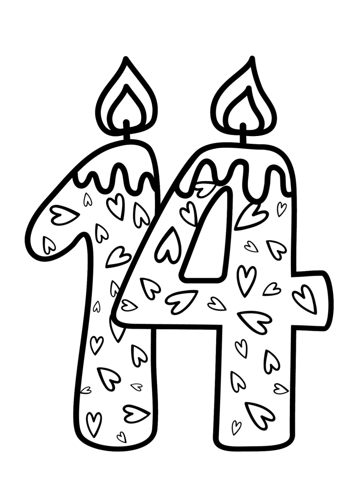 14th Birthday Pink Candle Number With Hearts Coloring Page