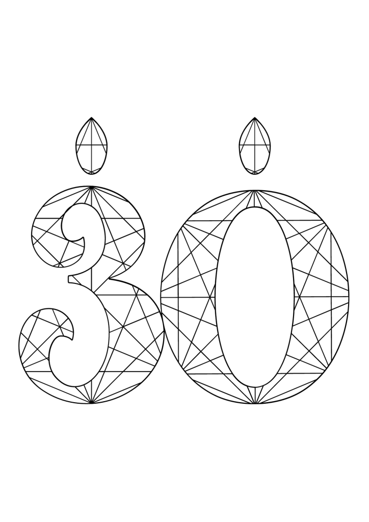 30th Gold Birthday Candle Number Coloring Page