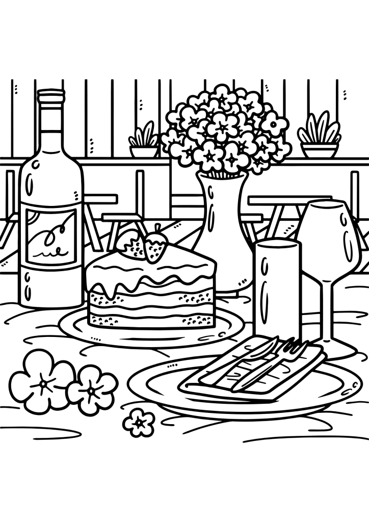 Wedding Cake And Flowers Coloring Page