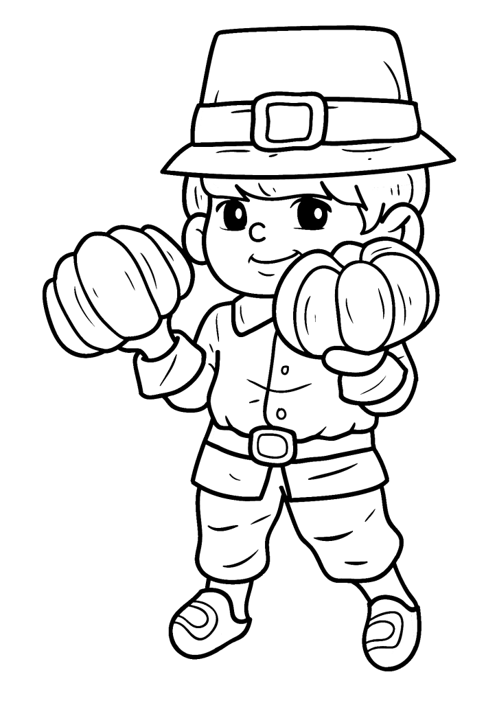 Boy And Pumpkins Thanksgiving Coloring Page