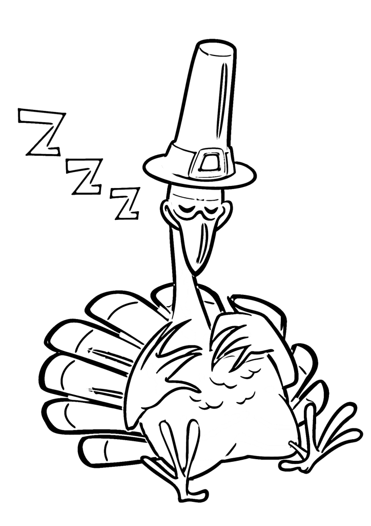 Cartoon Turkey Sleeping Thanksgiving Coloring Page