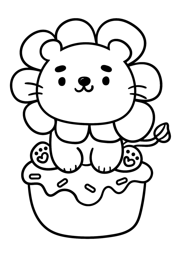 Cute Lion And Birthday Cake Cartoon Coloring Page