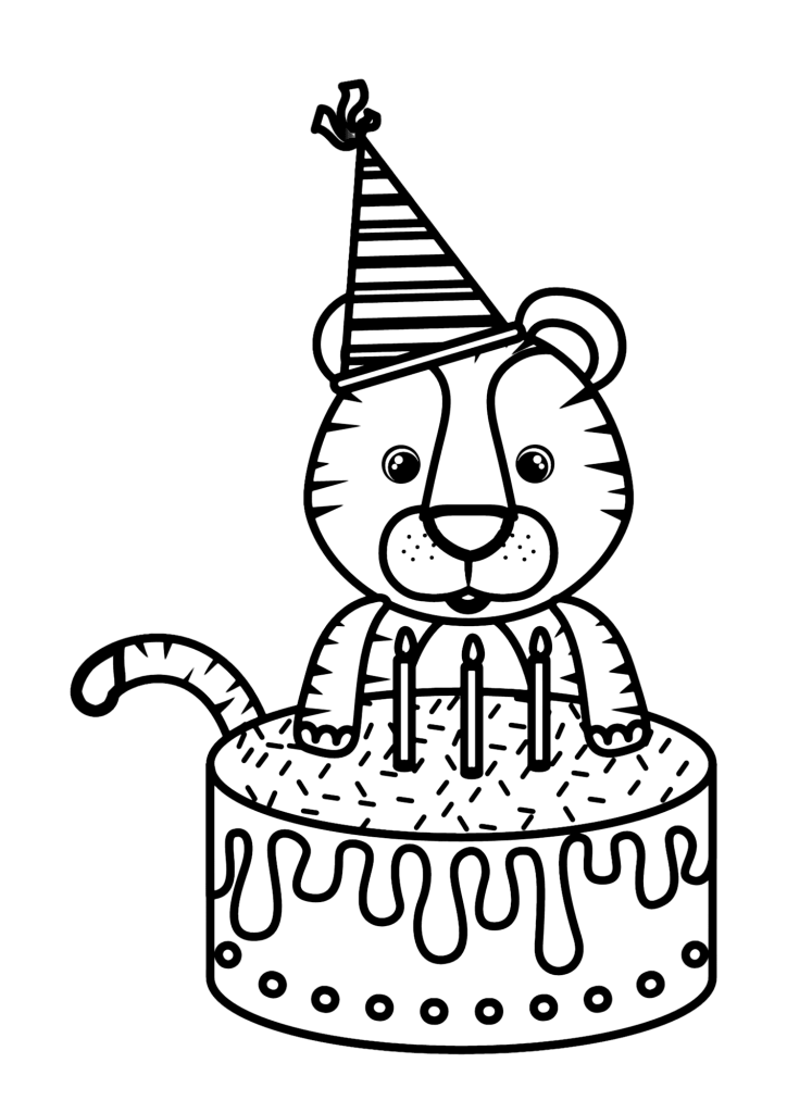 Cute Tiger With Cake Of Happy Birthday Coloring Page