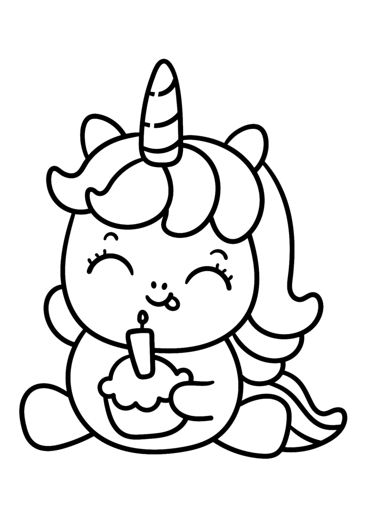 Cute Unicorn And Birthday Cake Cartoon Coloring Page