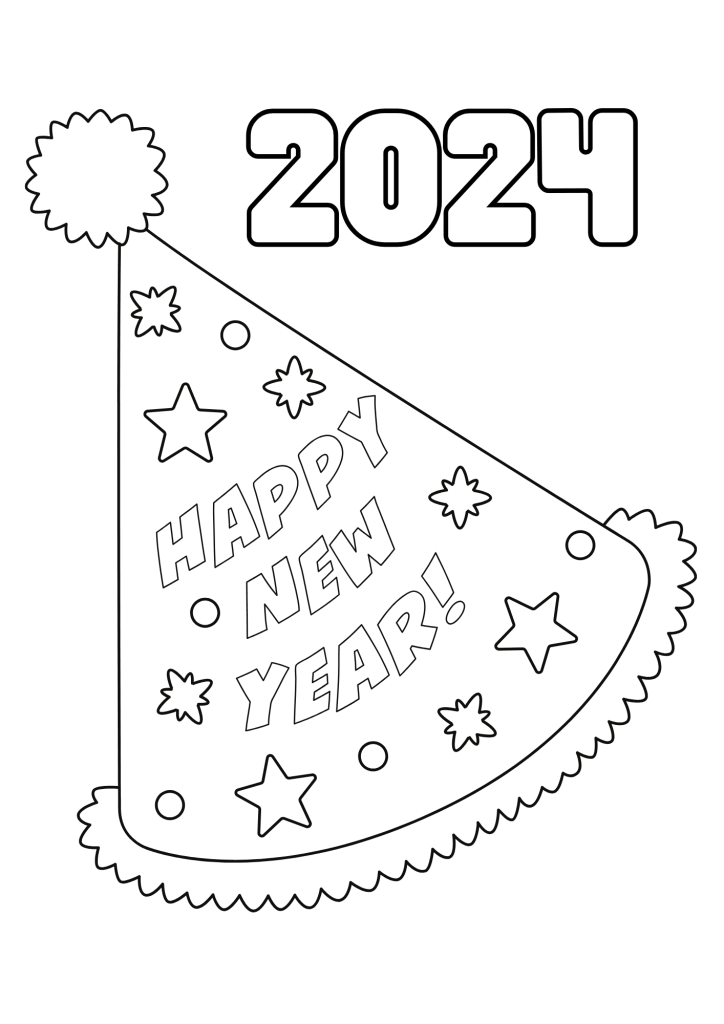 Happy New Year 2024 Hat Coloring Page