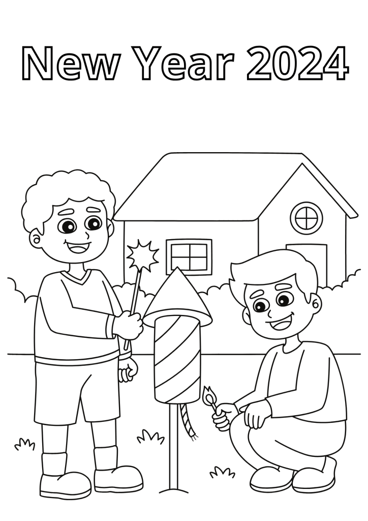 Happy New Year 2024 Drawing Coloring Page