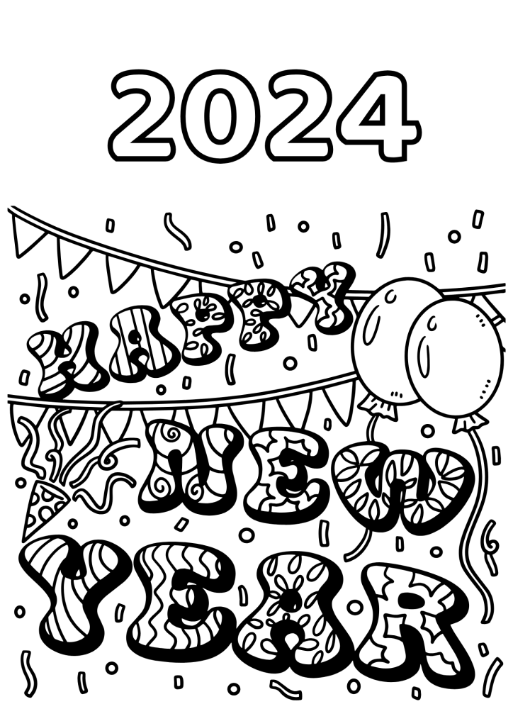 Happy New Year 2024 With Balloon For Adult Coloring Page