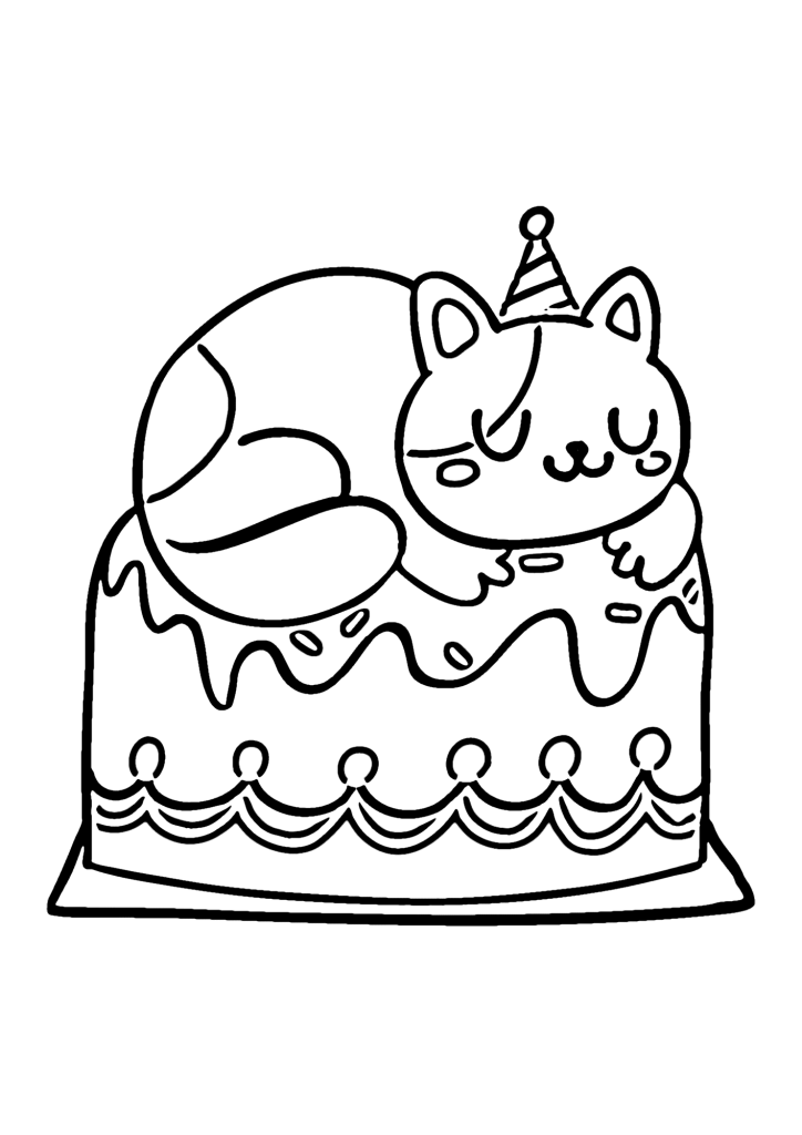 Sweet Cartoon Birthday Cat Character Coloring Page