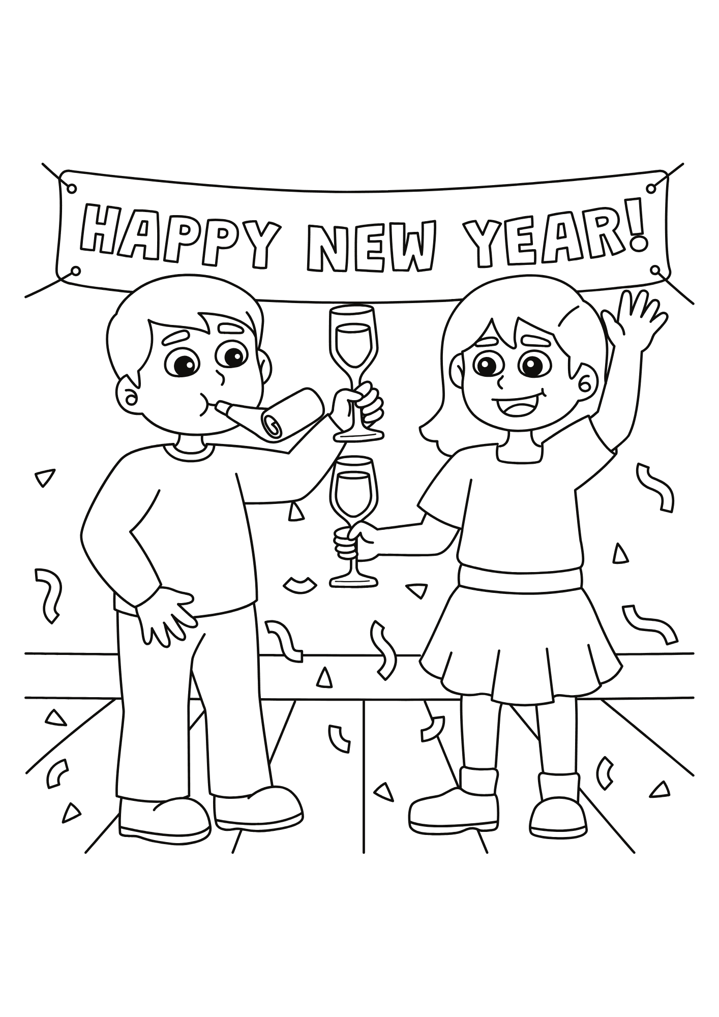 Sweet Happy New Year 2024 Coloring Page