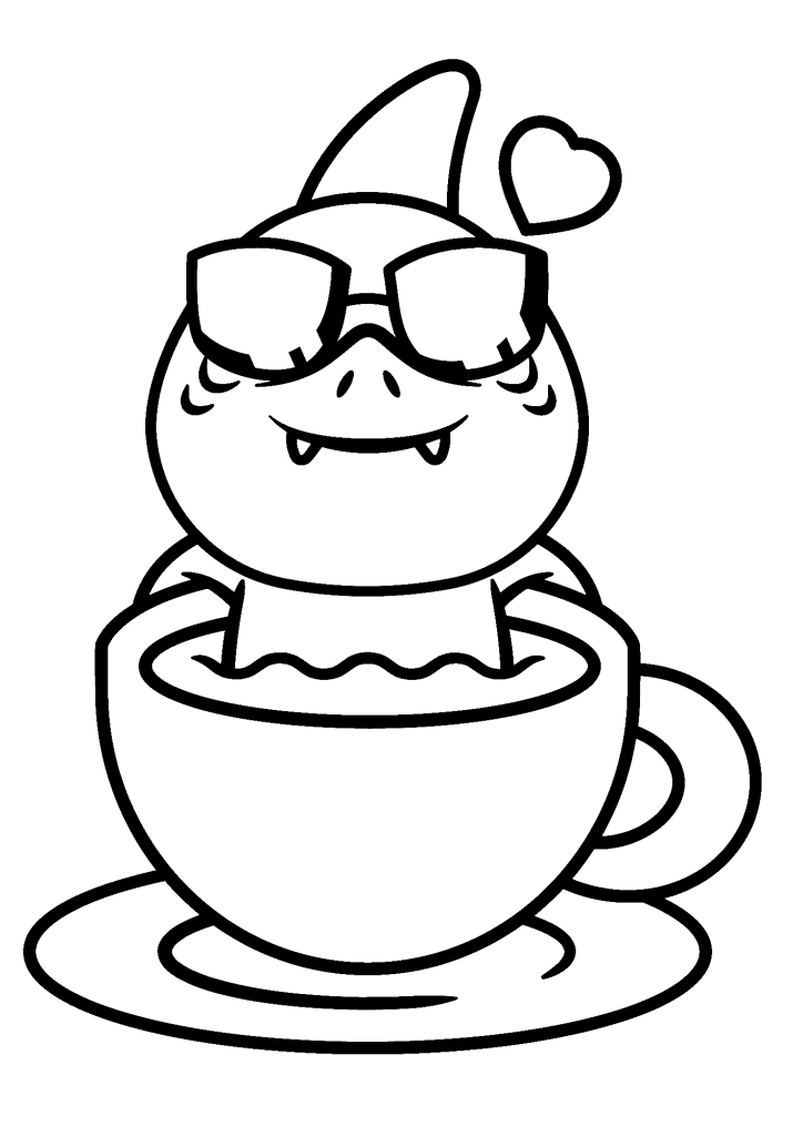 Cute Shark Character In Coffee Cup Coloring Page