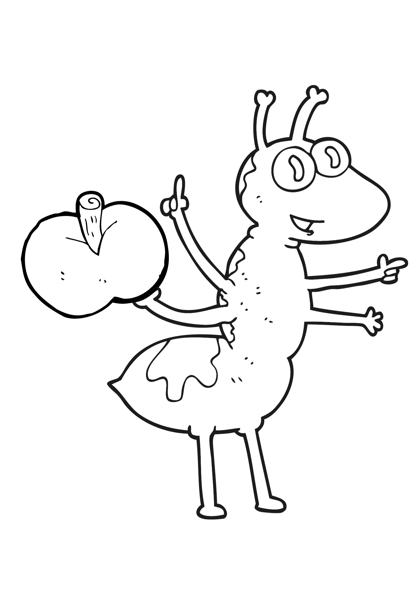Cartoon Ant With An Apple Coloring Page