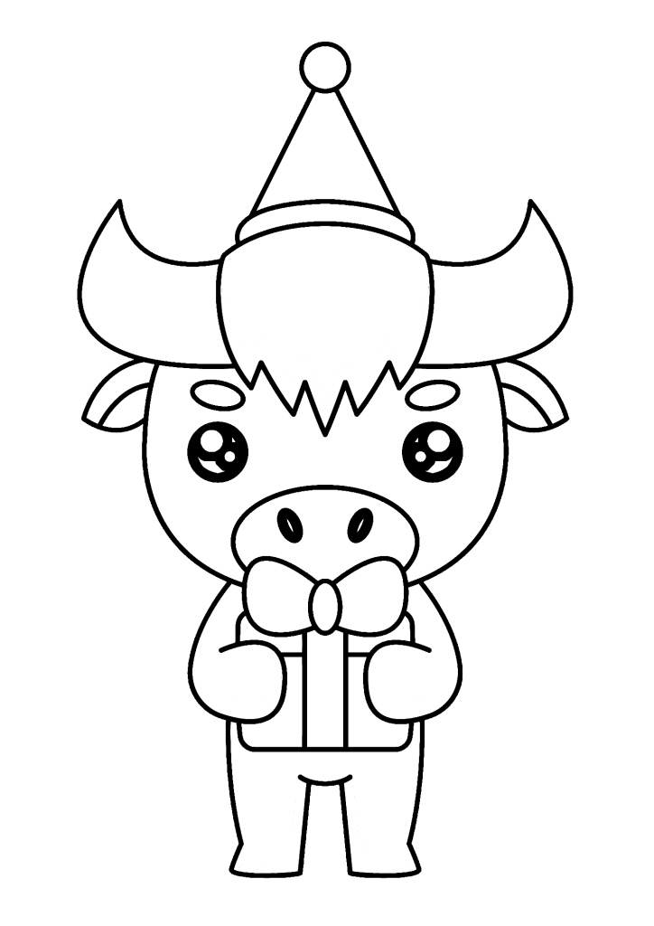 Cute Buffalo Birthday Cartoon Outline Coloring Page