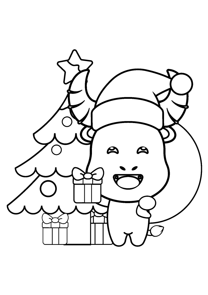 Cute Buffalo Carrying Christmas Gift Cute Christmas Cartoon Coloring Page
