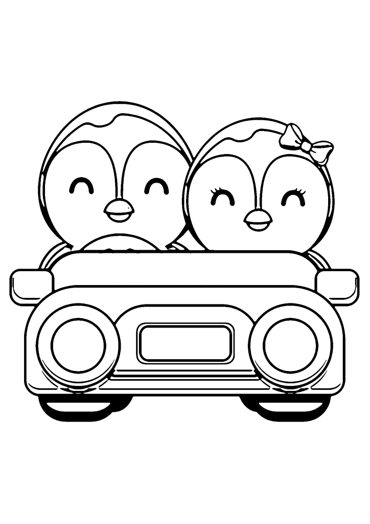 Penguins Couple On Car Coloring Page