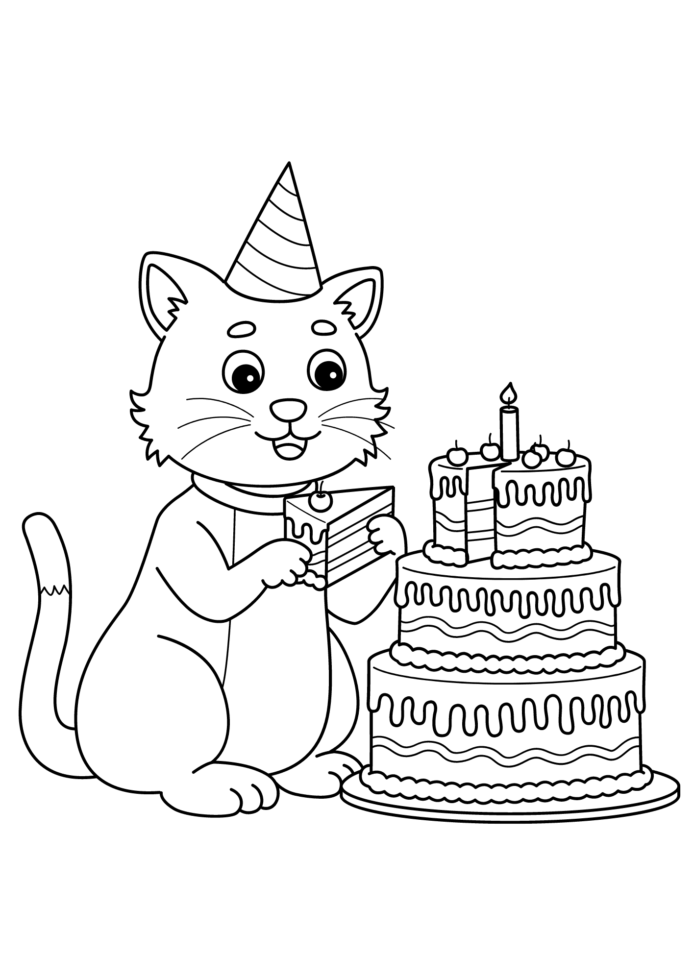 Cat With A Birthday Cake Coloring Page