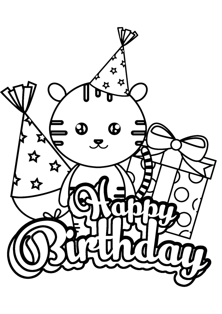 Happy Birthday Card With Cute Tiger Coloring Page