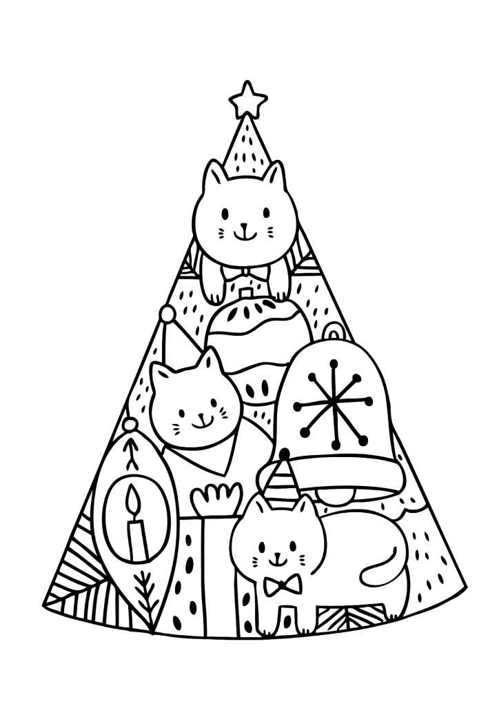 Cats Christmas Tree Coloring Page