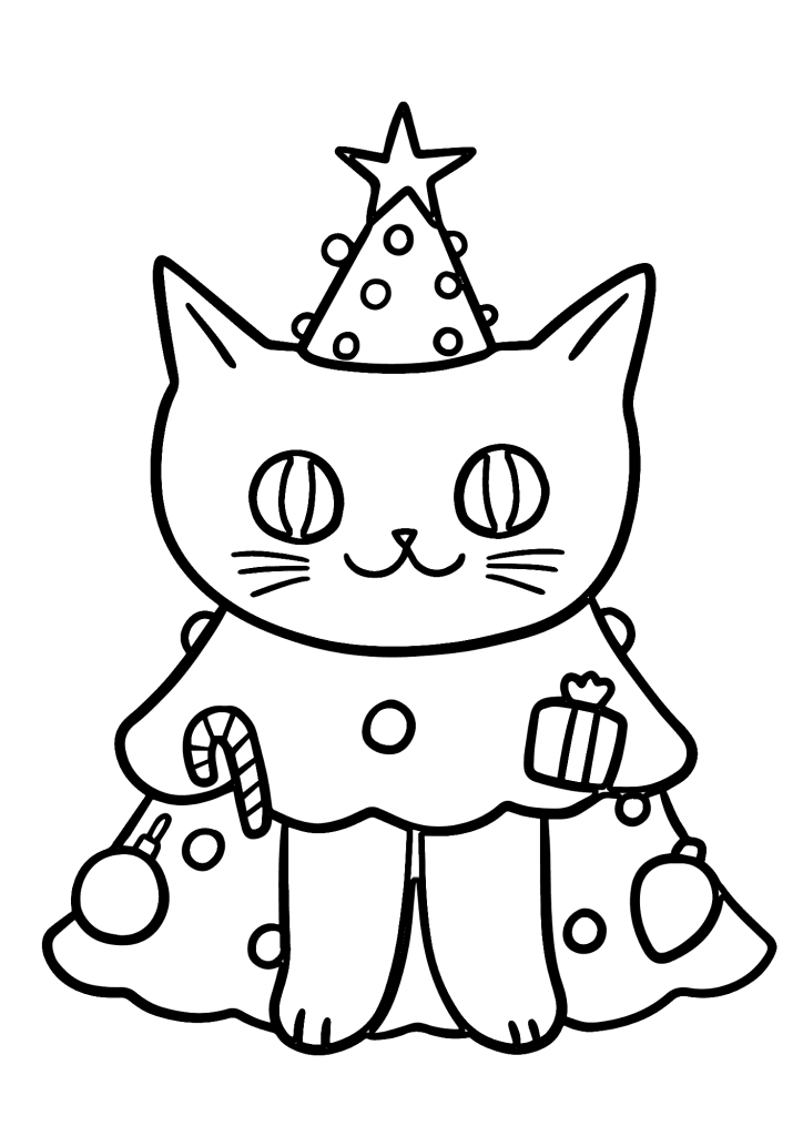 Cute Cat Christmas Tree Coloring Pages