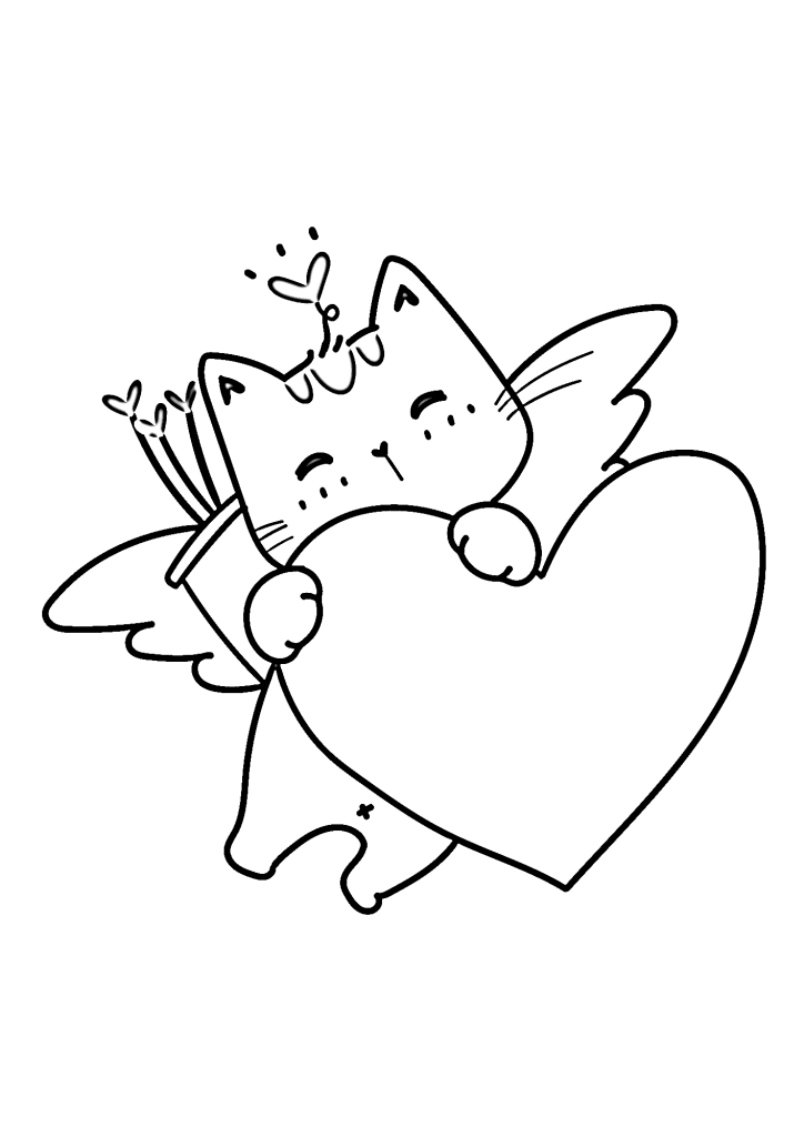 Cute Cat Cupid Valentine's Day Coloring Pages