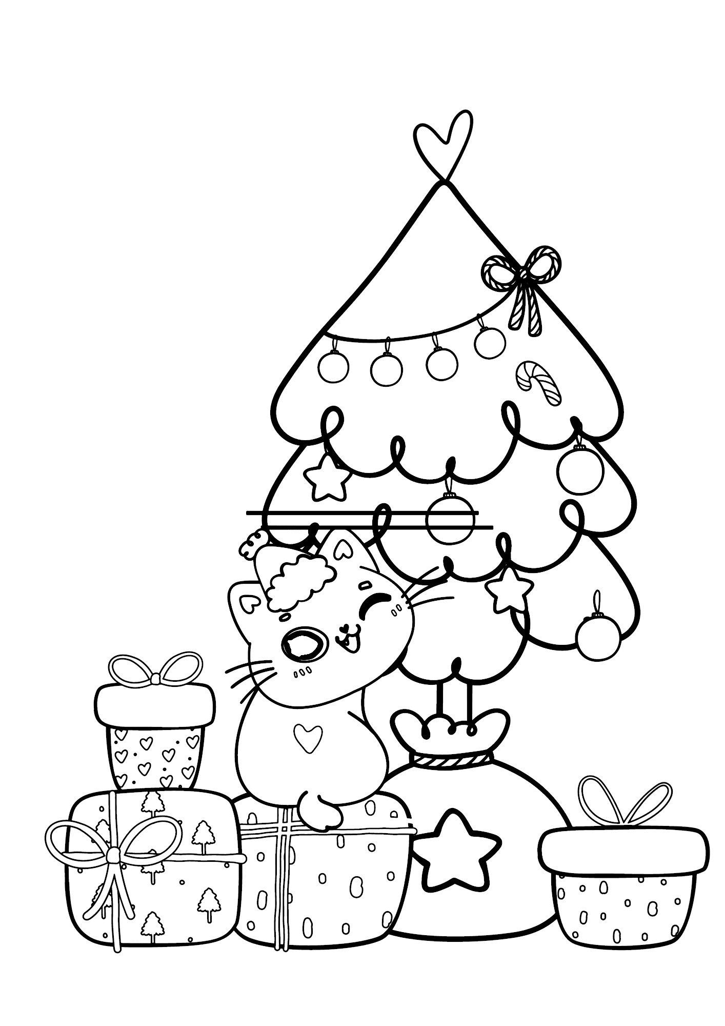 Lovely Cat Christmas Tree Clipart Coloring Page