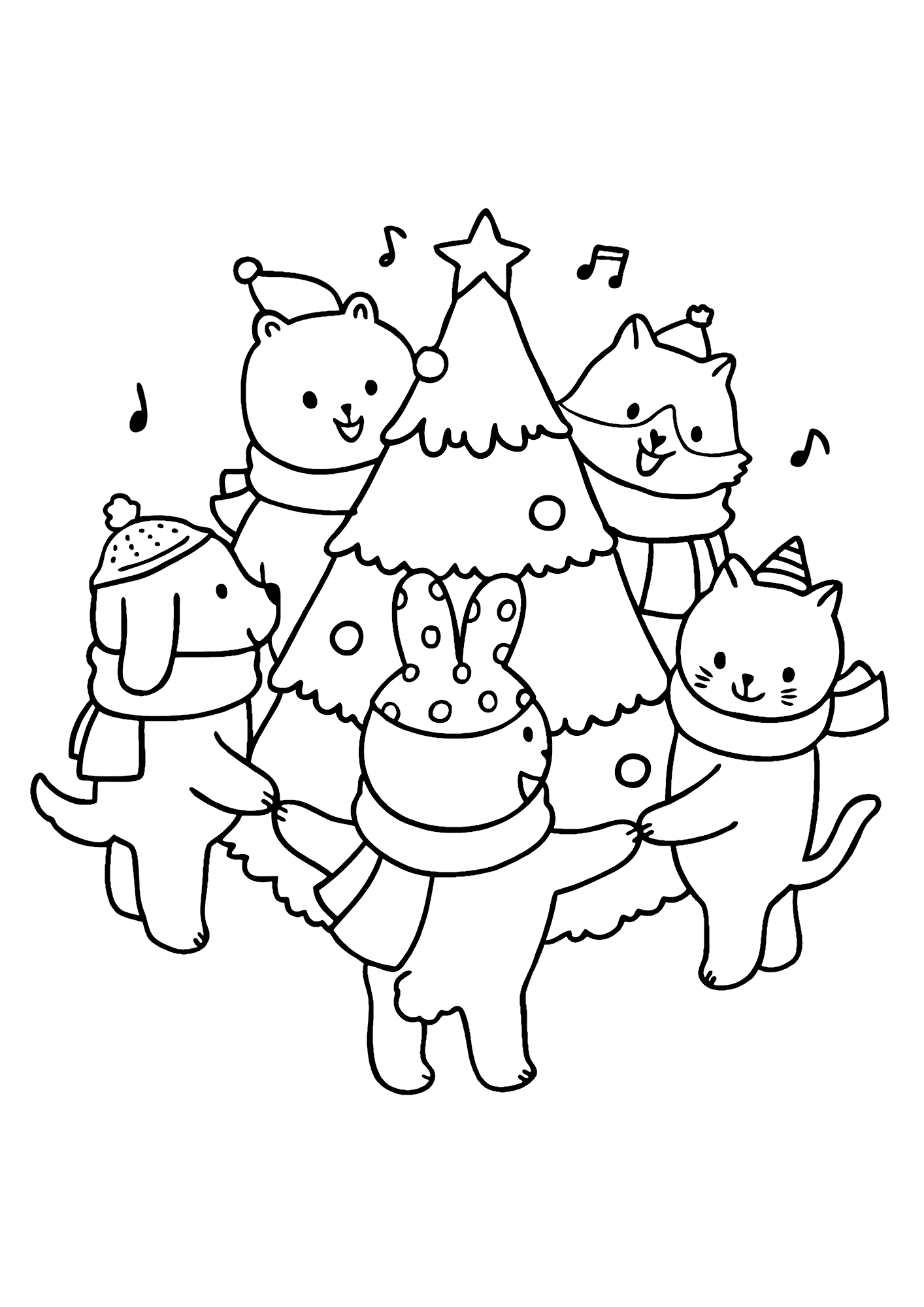 Small Christmas Tree With Cat Coloring Pages