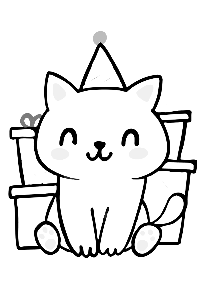 Sweet Happy Birthday Cat With Gift Coloring Page