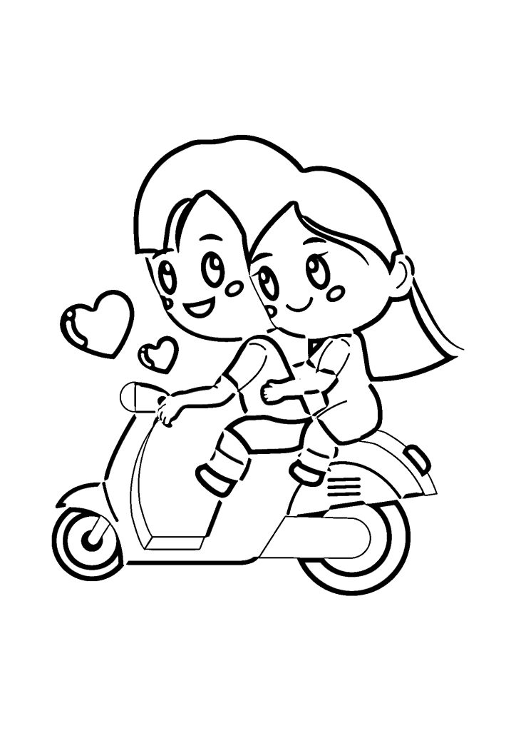 Love Couple Riding On A Motorbike Coloring Pages